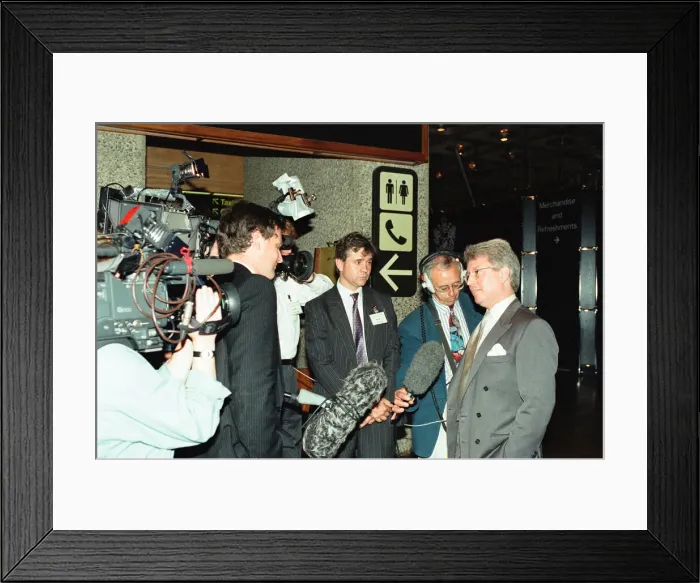 Framed Print : Brian Basham former British Airways PR consultant seen here being interviewed after