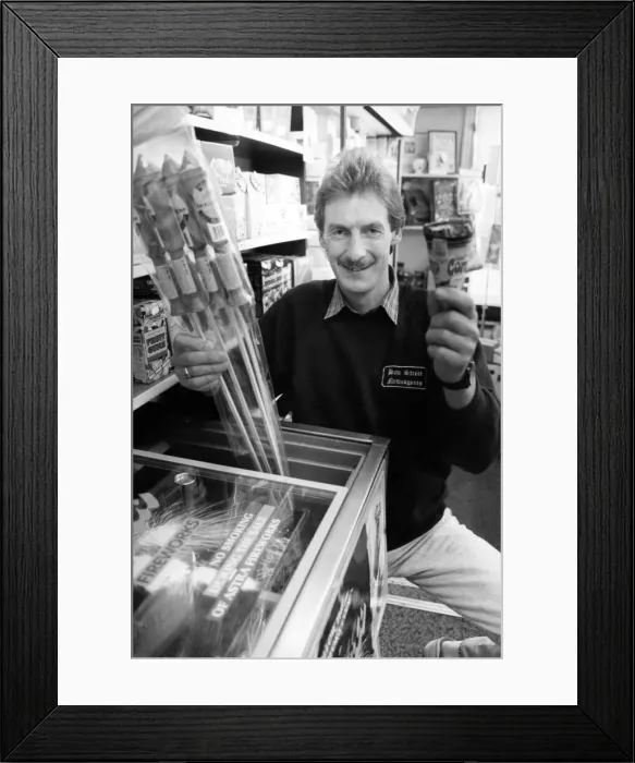 Framed Print : Middlesbrough newsagent Mel Taylor with his ice cream freezer which he has converted into Framed Print : Middlesbrough newsagent Mel Taylor with his ice cream freezer which he has converted into