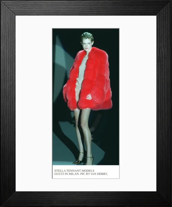 Framed Print : Stella Tennant models a red fur coat and a skimpy dress under it Framed Print : Stella Tennant models a red fur coat and a skimpy dress under it