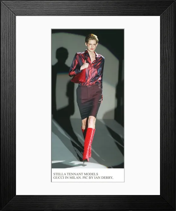 Framed Print : Stella Tennant wearing one of Gucci latest fashion two tone skirt and top in Milan Framed Print : Stella Tennant wearing one of Gucci latest fashion two tone skirt and top in Milan