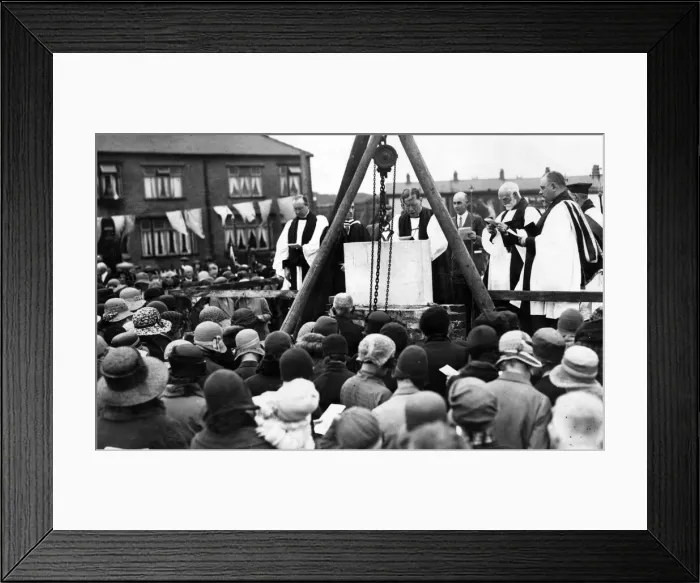 Framed Print : New Anfield church. The Lord Bishop of Warrington dedicating the foundation stone of Framed Print : New Anfield church. The Lord Bishop of Warrington dedicating the foundation stone of
