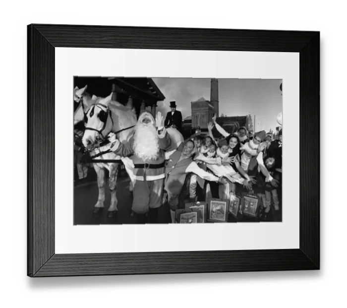 Framed Print : Father Christmas accompanied by Snow White and the seven dwarfs, a pantomime horse