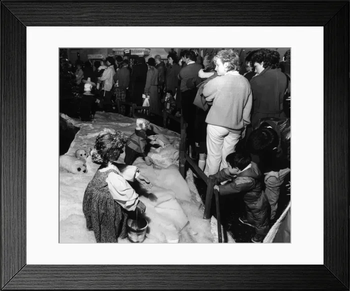 Framed Print : Parents and children queue to see Santa in his grotto at Blackers store in Liverpool Framed Print : Parents and children queue to see Santa in his grotto at Blackers store in Liverpool