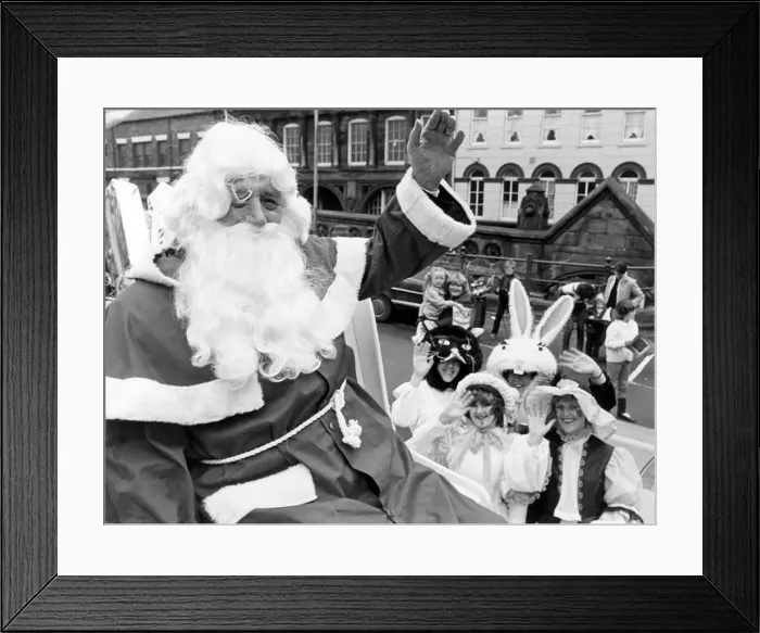 Framed Print : Father Christmas on his sleigh, visiting the streets of Middlesbrough, 14th November 1983 Framed Print : Father Christmas on his sleigh, visiting the streets of Middlesbrough, 14th November 1983