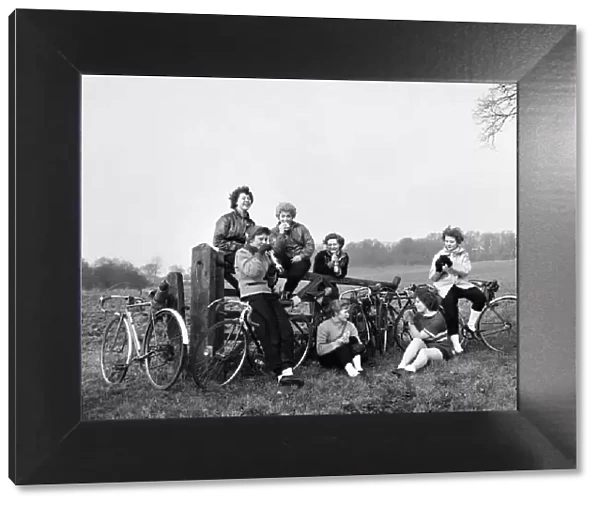 Girls out cycling in the Essex Countryside near Clacton. 1951