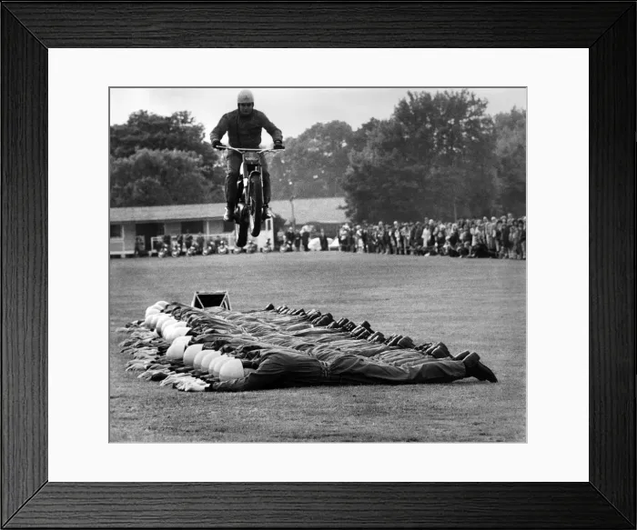 Framed Print : World Record Motor Cycle Body Jump By Royal Artillery. Sergeant Major, Gled Hill, Bem Framed Print : World Record Motor Cycle Body Jump By Royal Artillery. Sergeant Major, Gled Hill, Bem
