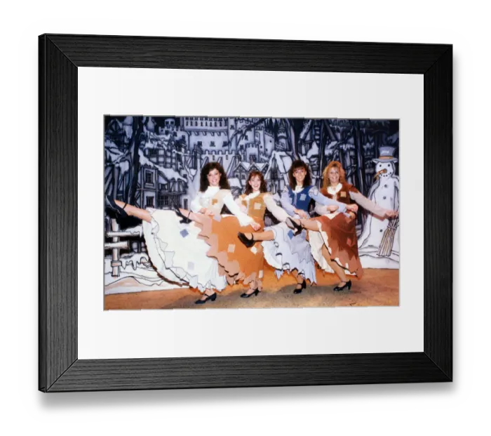 Framed Print : Four local girls who are dancers in the chorus of the pantomime Babes in the Wood