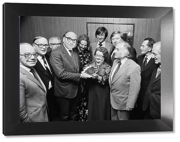 Home Secretary Roy Jenkins is presented with a silver platter to mark his 25 years an an