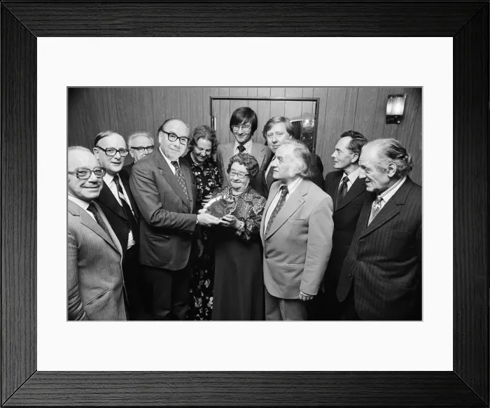 Framed Print : Home Secretary Roy Jenkins is presented with a silver platter to mark his 25 years an an