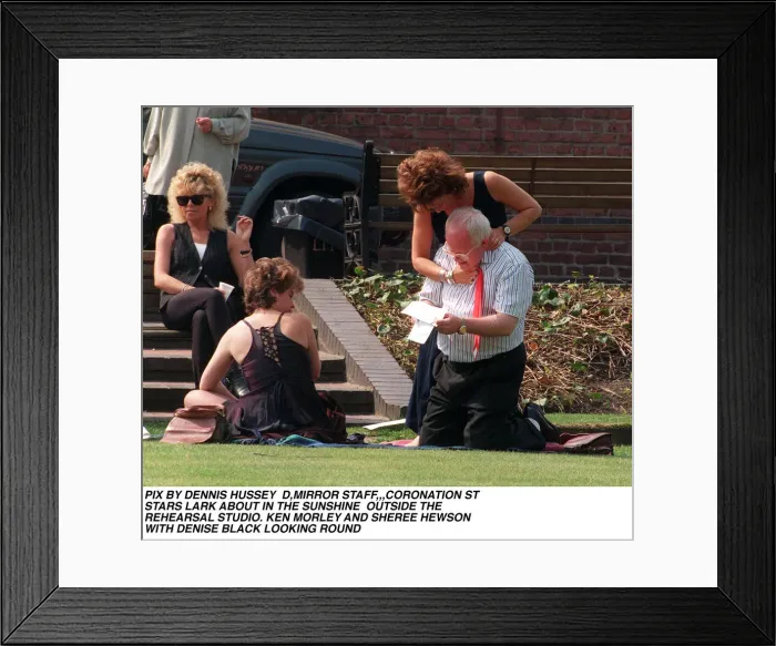 Framed Print : Coronation Street Stars Ken Morley Sheree Hewson and Denise Black larking around outside