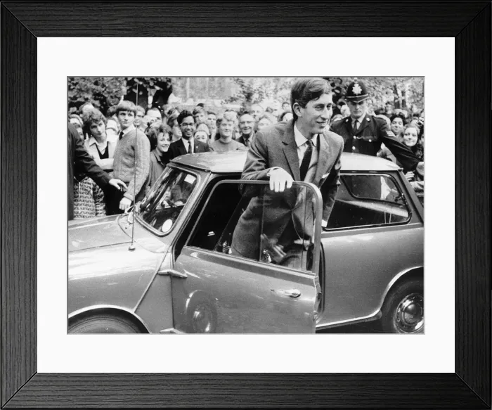  : Prince Charles and Mini car arriving at Trinity College in 1967