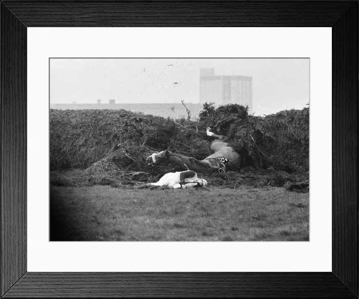 Framed Print : Jockey Paddy Farrell is thrown from his horse Border Flight at the 15th fence of Framed Print : Jockey Paddy Farrell is thrown from his horse Border Flight at the 15th fence of