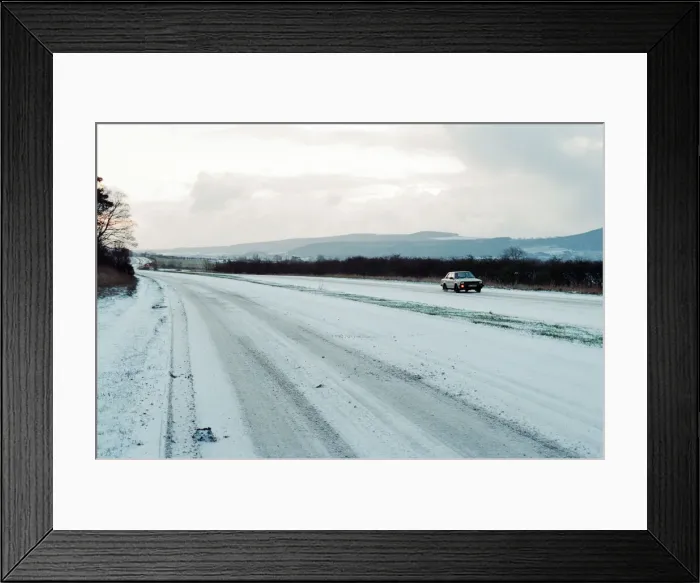 Framed Print : Single car on road as cold snap hits Ormesby Bank, Middlesbrough, 28th February 1993 Framed Print : Single car on road as cold snap hits Ormesby Bank, Middlesbrough, 28th February 1993