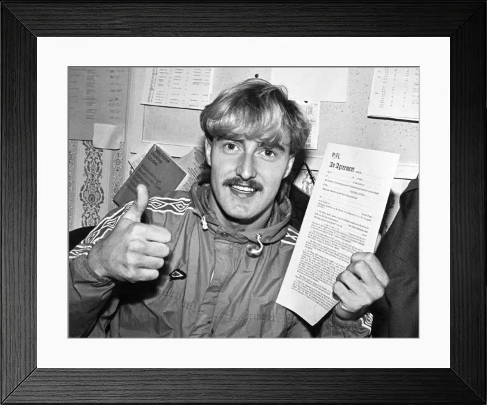 Framed Print : David Hodgson holding up a contract, giving a thumbs up sign, circa 1980s