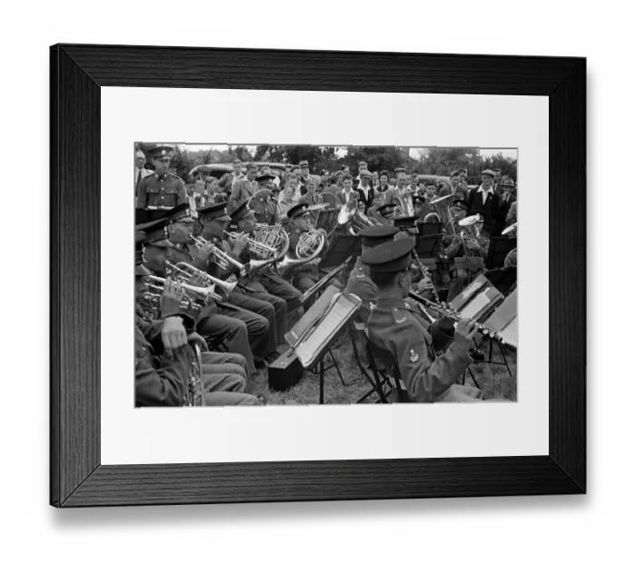 Framed Print : Crowds watching a military band playing during Canterbury Week, Kent, August 1947 Framed Print : Crowds watching a military band playing during Canterbury Week, Kent, August 1947