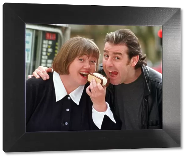 PAULINE QUIRKE AND ACTOR ANDY GRAY AT A BBC PHOTOCALL WITH A DOUBLE NOUGAT ICE CREAM