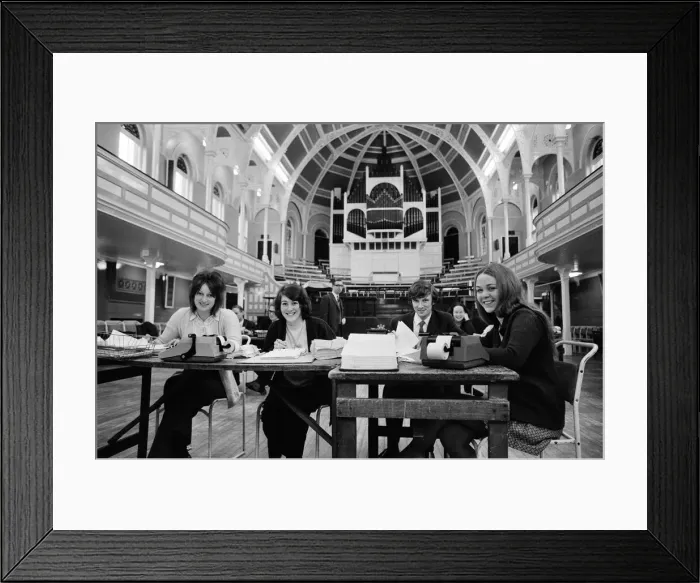 Framed Print : Council Staff affected by power cuts, set up their offices in Town Hall, West Bromwich