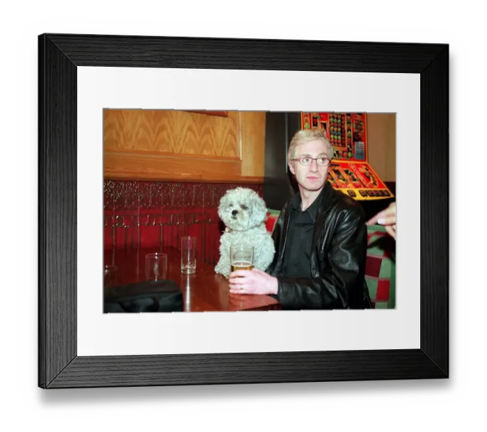 Framed Print : Paul O Grady aka Lily Savage with dog May 1999 drinking pint of lager in Griffin pub