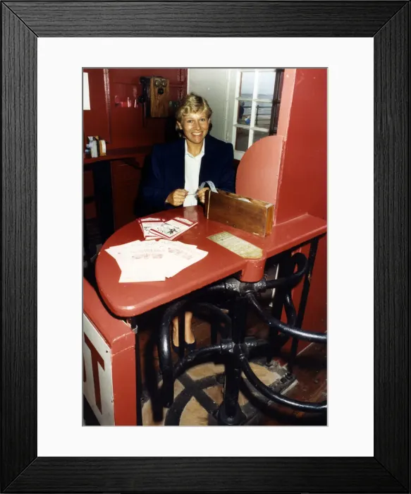 Framed Print : Judith Barker greets travellers with a smile at the ticket office of the Cliff Ride Framed Print : Judith Barker greets travellers with a smile at the ticket office of the Cliff Ride