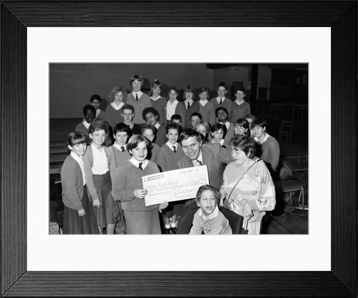 Framed Print : Pupils from Salendine Nook High School, present a cheque for 850 poounds to John Proctor Framed Print : Pupils from Salendine Nook High School, present a cheque for 850 poounds to John Proctor