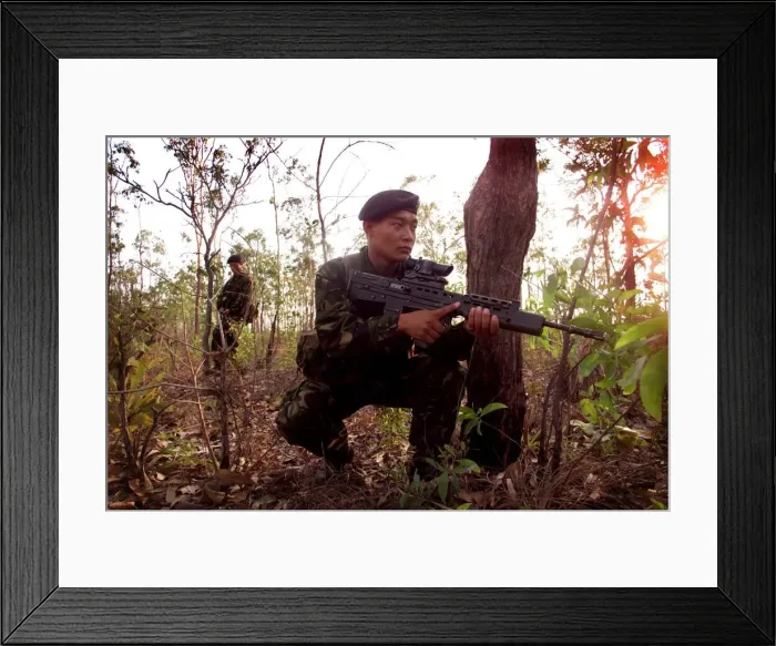 Framed Print : A British Gurkha patrol train in the Jungle of northern Australia September 1999