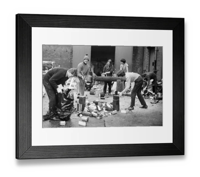 Framed Print : University Students, chopping logs, Cambridge Street, Birmingham, 22nd February 1972 Framed Print : University Students, chopping logs, Cambridge Street, Birmingham, 22nd February 1972