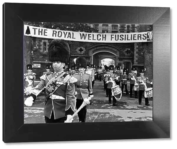 The 1st Battalion of the Royal Welch Fusiliers, march into Maindy Barracks, Cardiff