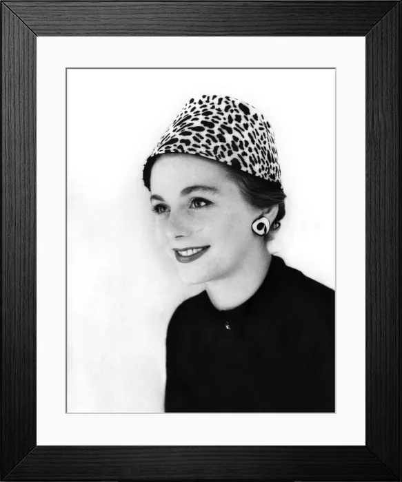 Framed Print : A woman modelling an animal print hat. 13th September 1955 Framed Print : A woman modelling an animal print hat. 13th September 1955