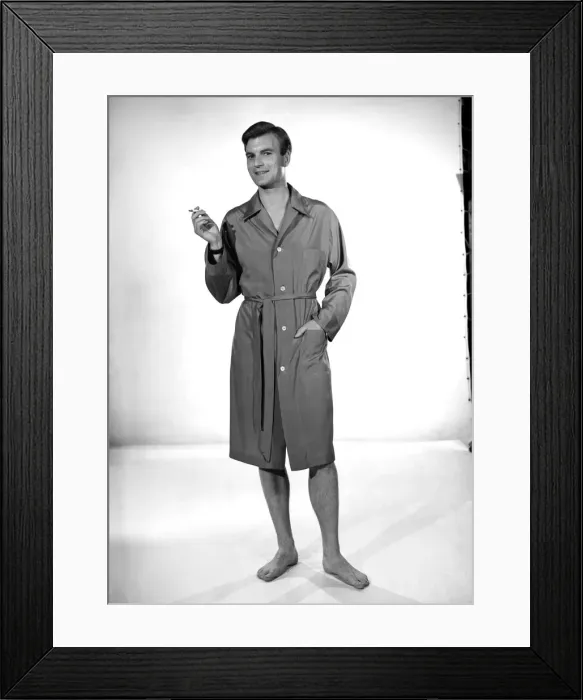Framed Print : Model Jeremy Dempster wearing a sleeping coat. 1957 Framed Print : Model Jeremy Dempster wearing a sleeping coat. 1957