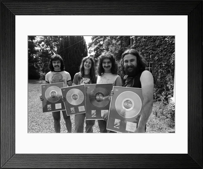 Framed Print : Heavy Metal group Black Sabbath pictured with the silver discs they received for Framed Print : Heavy Metal group Black Sabbath pictured with the silver discs they received for