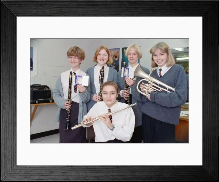 Framed Print : Members of Rastrick High School Concert Band with their cassette recordings Framed Print : Members of Rastrick High School Concert Band with their cassette recordings
