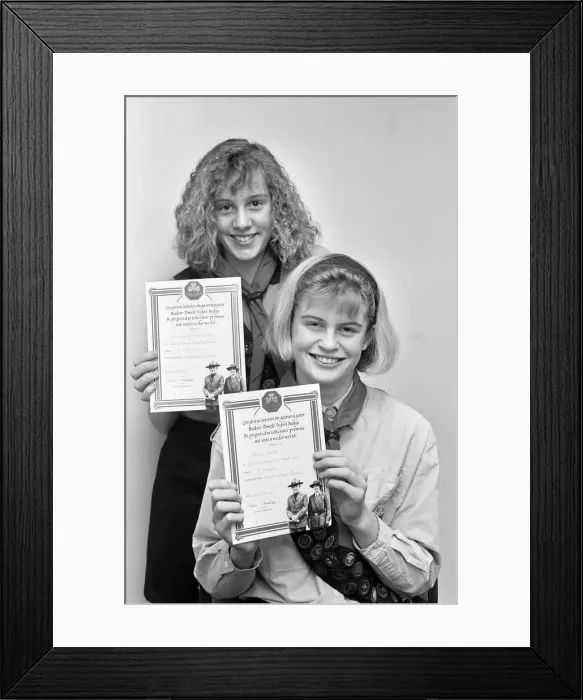 Framed Print : 1st Kirkburton Guides, Karen Hirst and Lindsey Newsome display their Baden Powell Trefoil Framed Print : 1st Kirkburton Guides, Karen Hirst and Lindsey Newsome display their Baden Powell Trefoil