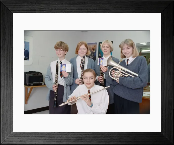 Framed Print : Members of Rastrick High School Concert Band with their cassette recordings Framed Print : Members of Rastrick High School Concert Band with their cassette recordings
