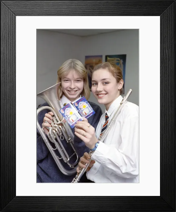 Framed Print : Members of Rastrick High School Concert Band with their cassette recordings