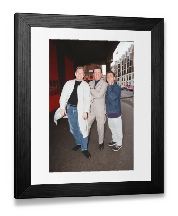 Framed Print : Suggs, lead singer of British ska group Madness, with two members of the group posing for Framed Print : Suggs, lead singer of British ska group Madness, with two members of the group posing for