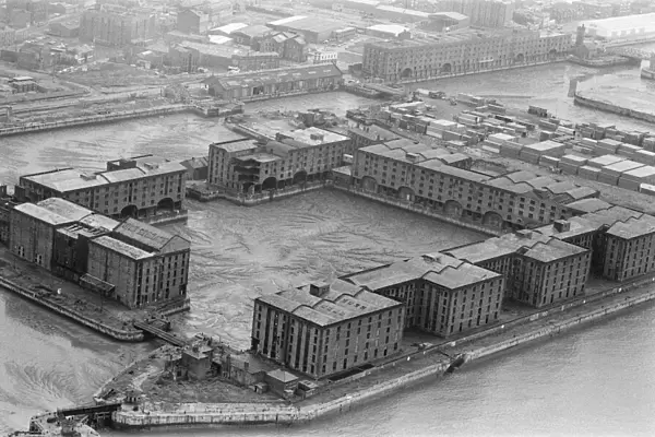 Aerial view of Albert Dock, Liverpool, Merseyside. 17th August 1980