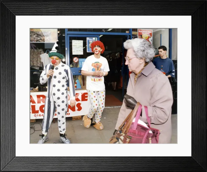 Framed Print : Karaoke clowns Peter Watson (right) and Stephen Brooks entertain shoppers in Stockton Framed Print : Karaoke clowns Peter Watson (right) and Stephen Brooks entertain shoppers in Stockton