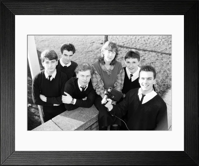 Framed Print : Michael Rollins with the Rastrick High School cast and production team of a video he