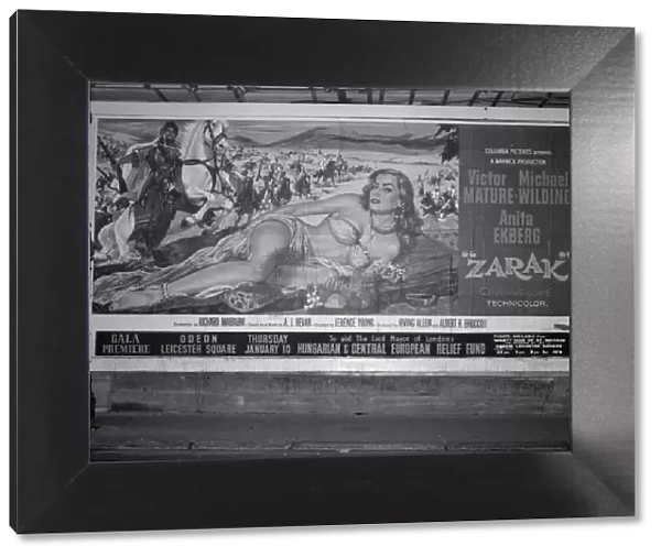 A film poster featuring actress Anita Ekberg in the motion picture Zarak was described as