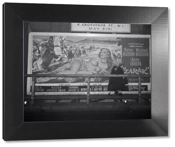 A film poster featuring actress Anita Ekberg in the motion picture Zarak was described as