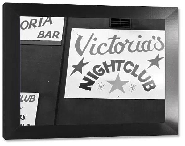 A sign for Victorias Nightclub in Gateshead, Tyne and Wear. Circa 1985