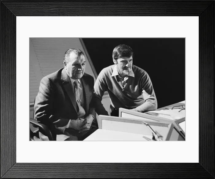 Framed Print : Liverpool manager Bob Paisley with BBC television presenter Jimmy Hill Framed Print : Liverpool manager Bob Paisley with BBC television presenter Jimmy Hill