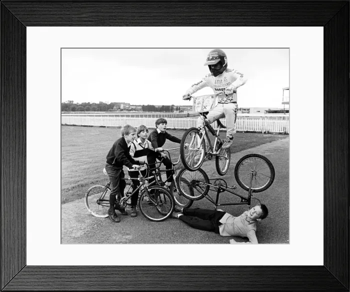 Framed Print : Children practising stunts at Stocktons redundant racecourse Framed Print : Children practising stunts at Stocktons redundant racecourse