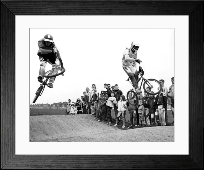 Framed Print : Action from BMX meeting at Cleveland BMX Club, Redcar racecourse, 14th February 1988 Framed Print : Action from BMX meeting at Cleveland BMX Club, Redcar racecourse, 14th February 1988