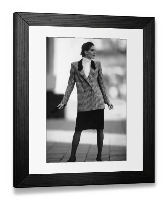 Framed Print : 1980s Women,s Fashion: Our model wears Check double breasted jacket with black skirt Framed Print : 1980s Women,s Fashion: Our model wears Check double breasted jacket with black skirt