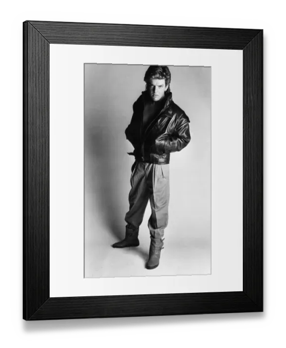 Framed Print : Mens Fashions Spring 1985. Our model wears a black leather jacket