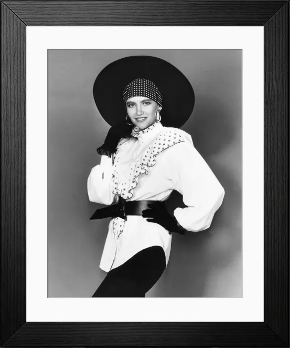 Framed Print : 1980s Womens Fashion: Our model wears. White frill belted blouse black leggings Framed Print : 1980s Womens Fashion: Our model wears. White frill belted blouse black leggings