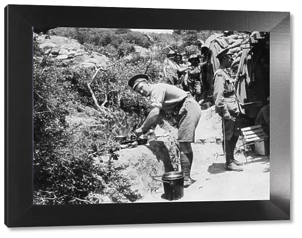 Officers mess on the Gallipoli peninsula. Dinner being prepared at the entrance to their