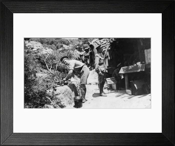 Framed Print : Officers mess on the Gallipoli peninsula. Dinner being prepared at the entrance to their Framed Print : Officers mess on the Gallipoli peninsula. Dinner being prepared at the entrance to their
