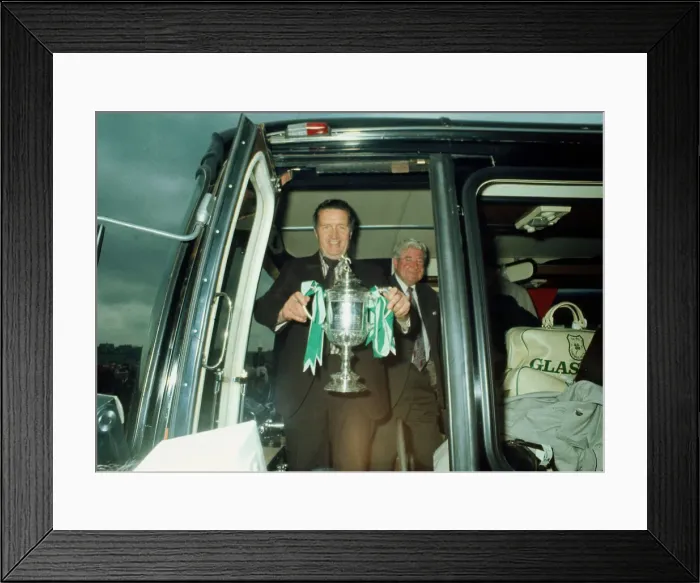 Framed Print : Jock Stein leaves bus with Scottish Cup trophy May 1974 Framed Print : Jock Stein leaves bus with Scottish Cup trophy May 1974
